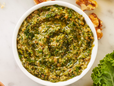 An overhead view of a fresh sauce in a bowl.