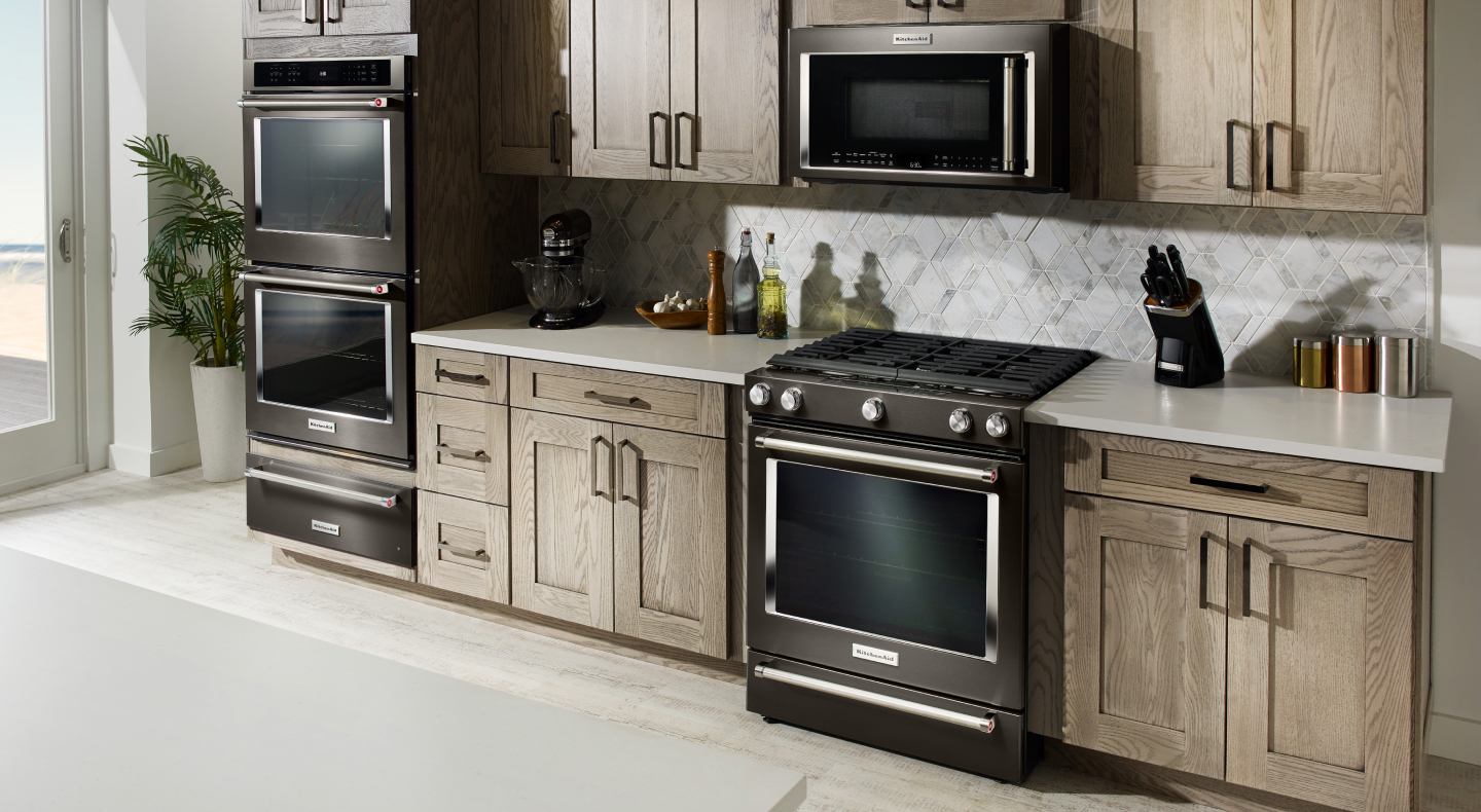 Black KitchenAid® slide-in range, microwave and double wall oven Black KitchenAid® slide-in range, microwave and double wall oven