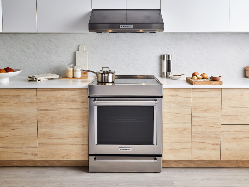 A stainless steel KitchenAid® slide-in range in a modern kitchen A stainless steel KitchenAid® slide-in range in a modern kitchen