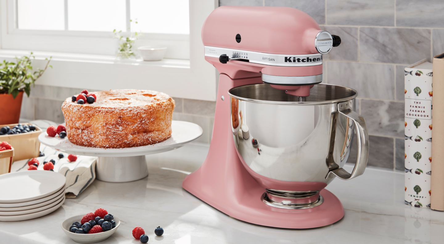 Pink KitchenAid® stand mixer on a countertop Pink KitchenAid® stand mixer on a countertop