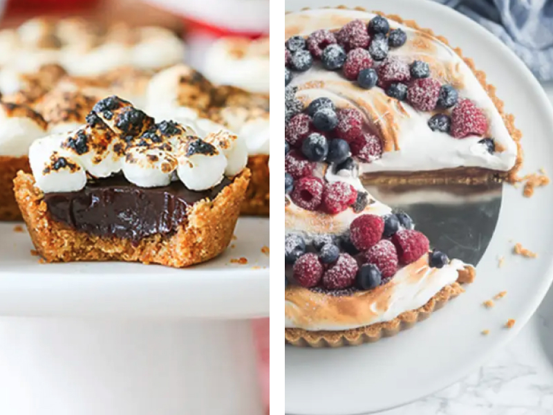 Side-by-side images of s'mores tarts and meringue pie topped with fresh fruit Side-by-side images of s'mores tarts and meringue pie topped with fresh fruit