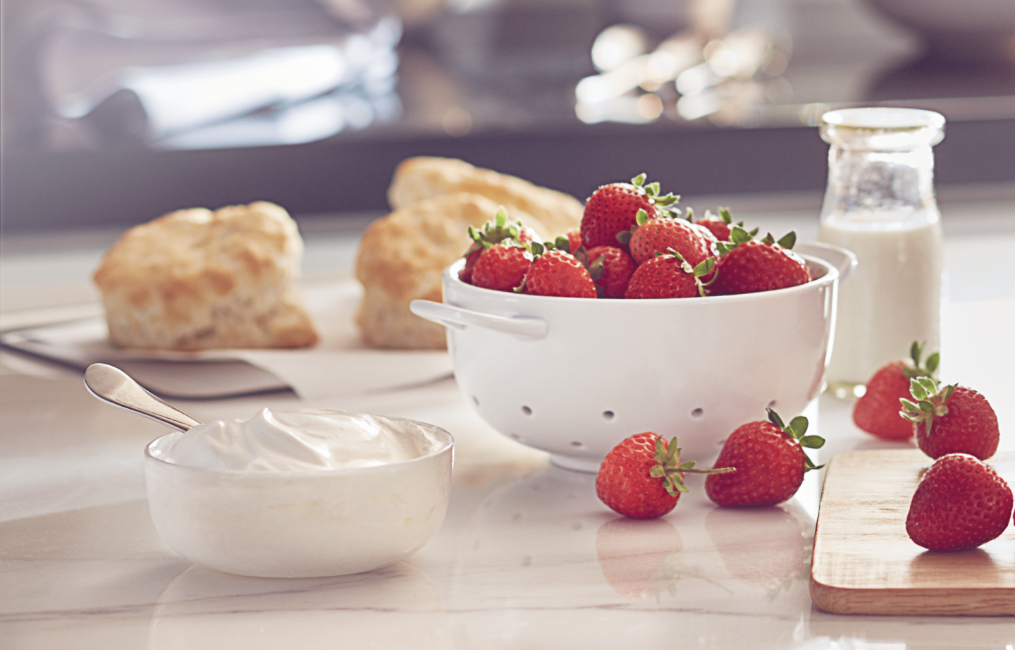 Fresh strawberries and whipped cream topping for the Belgian waffles.  Fresh strawberries and whipped cream topping for the Belgian waffles.