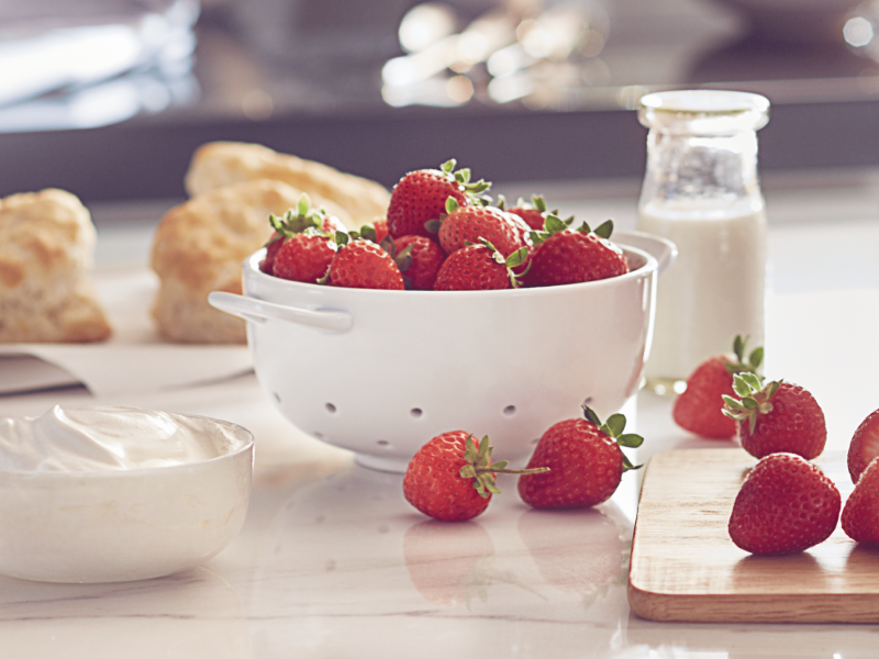 Fresh strawberries and whipped cream topping for the Belgian waffles.  Fresh strawberries and whipped cream topping for the Belgian waffles.