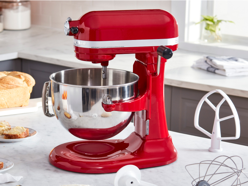 Stand mixer on the counter with bread and beater accessory Stand mixer on the counter with bread and beater accessory