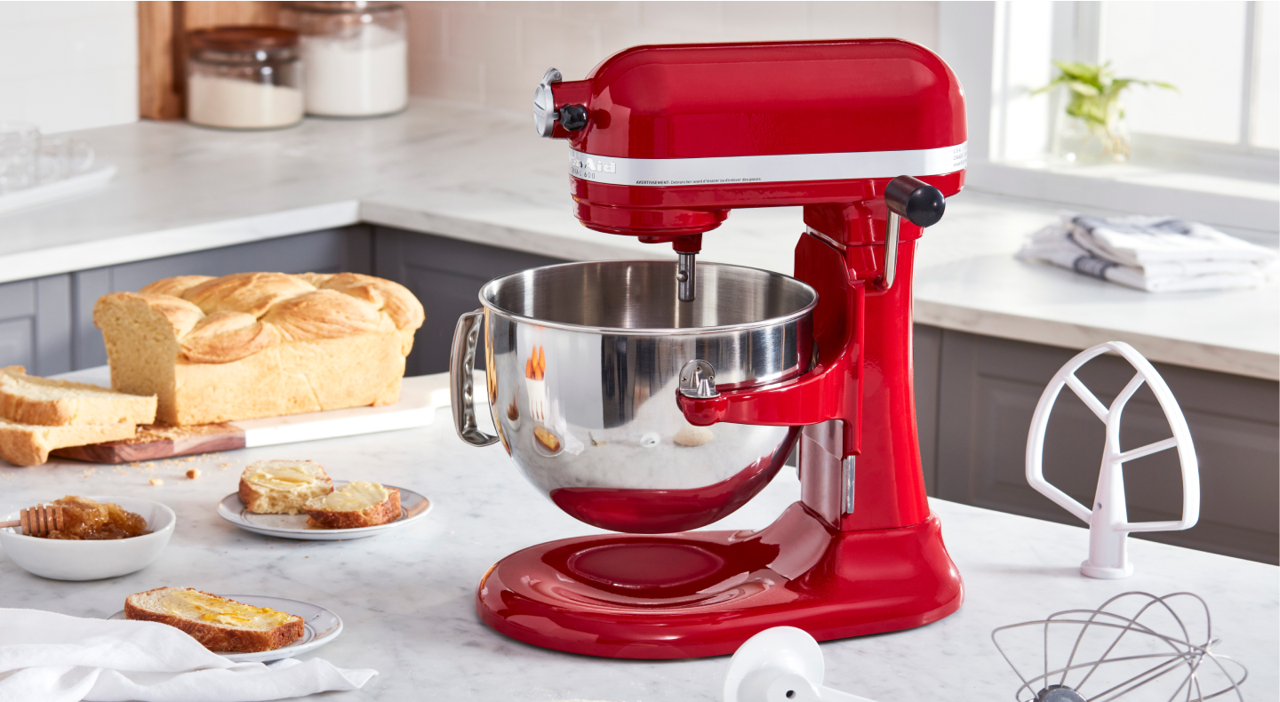 Stand mixer on the counter with bread and beater accessory Stand mixer on the counter with bread and beater accessory