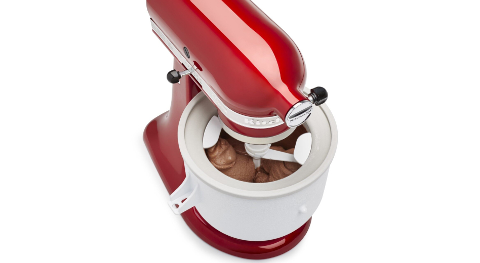 Red stand mixer churning chocolate ice cream in the Ice Cream Maker attachment