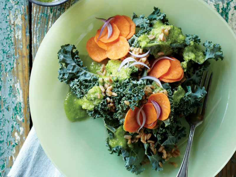 A closeup of a chopped kale salad with sliced carrots and onions. A closeup of a chopped kale salad with sliced carrots and onions.