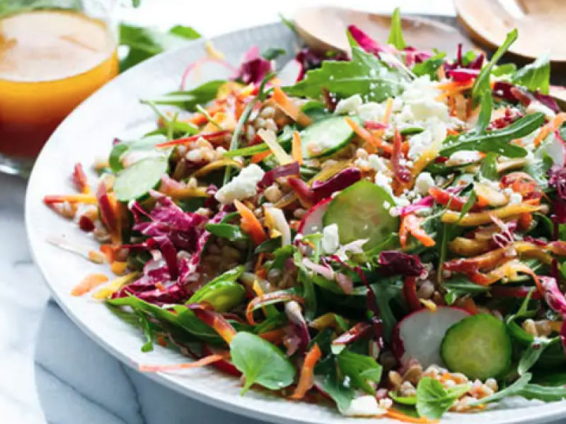 A closeup of a rainbow farro salad.