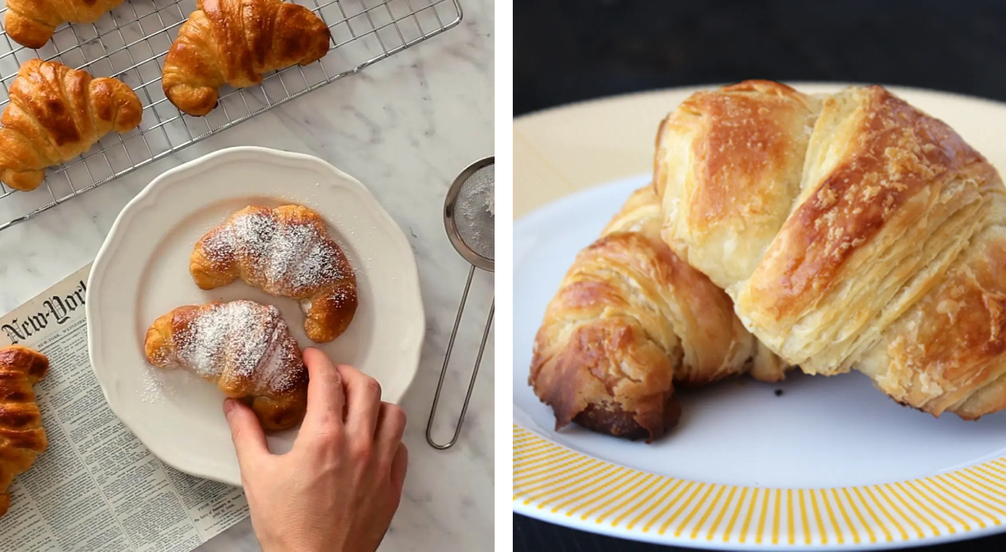 Side-by-side image of two sugar dusted croissants and two plain croissants Side-by-side image of two sugar dusted croissants and two plain croissants