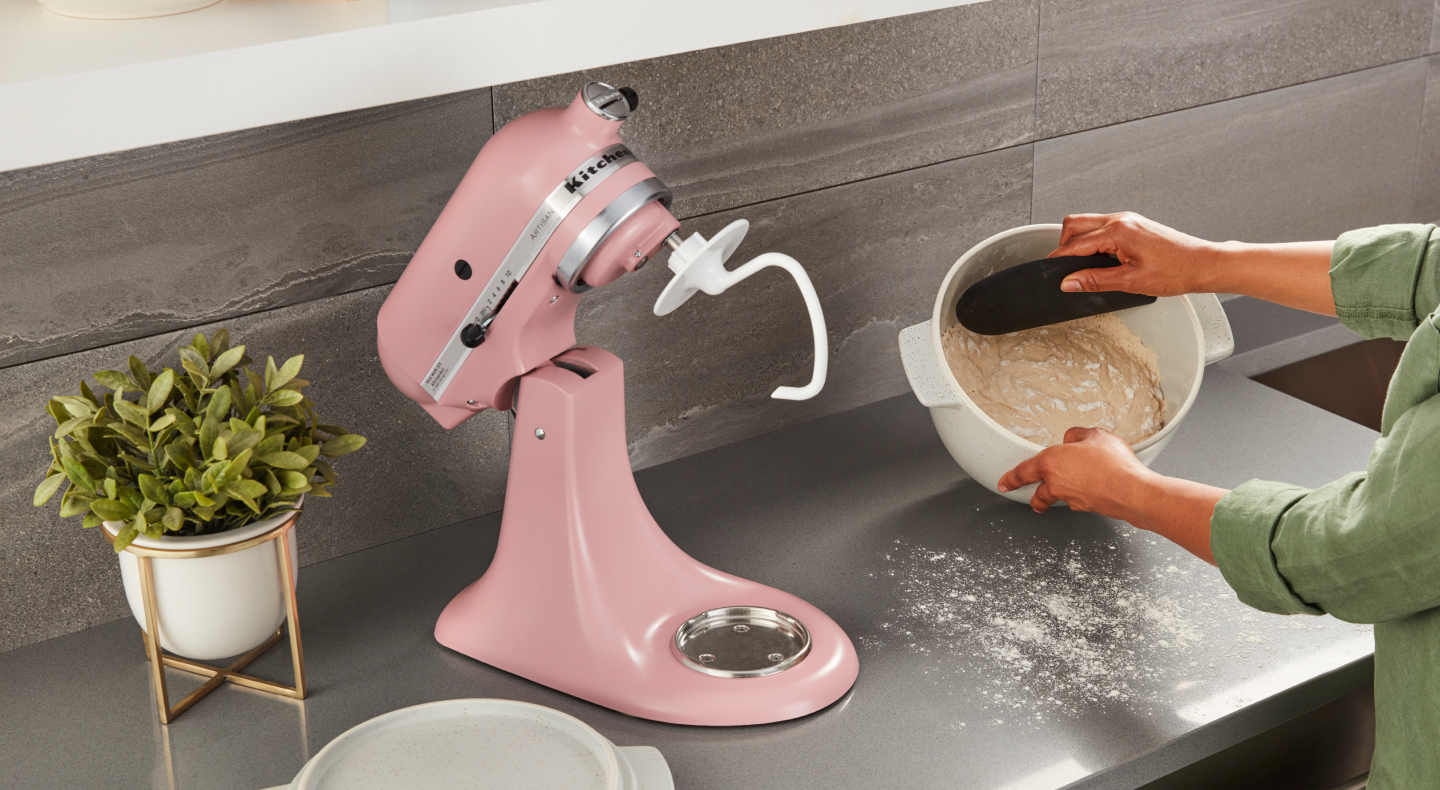 Pink KitchenAid® stand mixer with Dough Hook Attachment