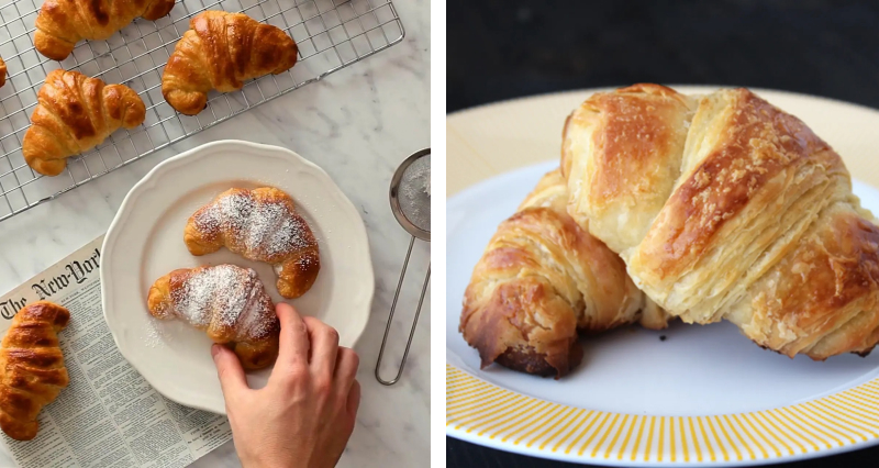 Side-by-side image of two sugar dusted croissants and two plain croissants Side-by-side image of two sugar dusted croissants and two plain croissants