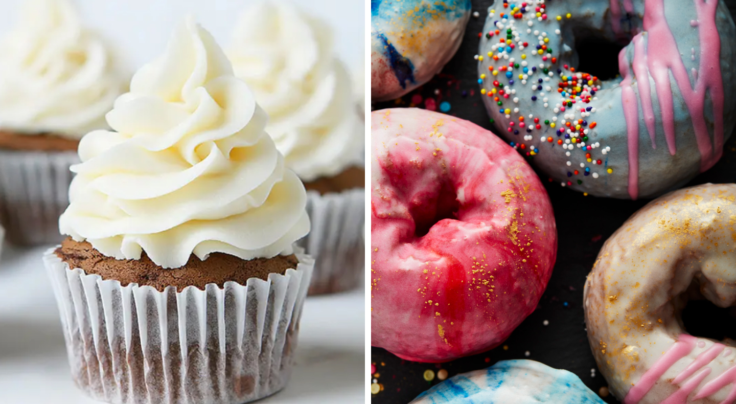 Cupcake with vanilla buttercream side-by-side with festively iced donuts Cupcake with vanilla buttercream side-by-side with festively iced donuts