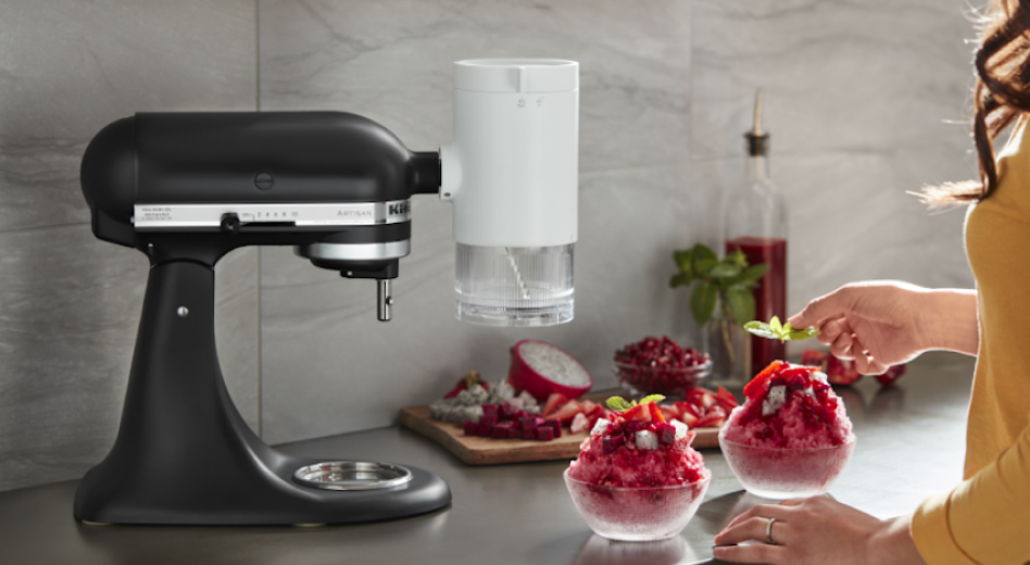 Black KitchenAid® Stand Mixer with Shave Ice Attachment with two servings of Hawaiian shave ice Black KitchenAid® Stand Mixer with Shave Ice Attachment with two servings of Hawaiian shave ice