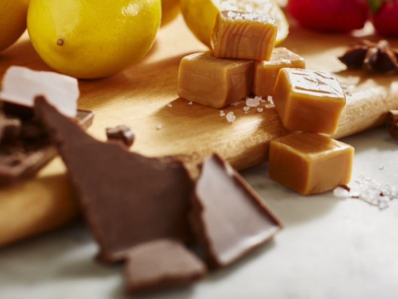 Pieces of chocolate and caramel. 