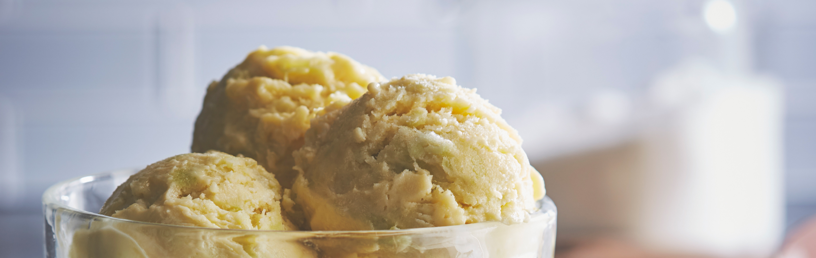 Homemade ice cream in a glass dish