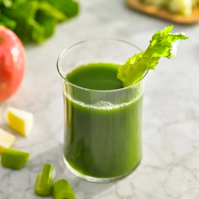Green juice garnished with a celery stalk 