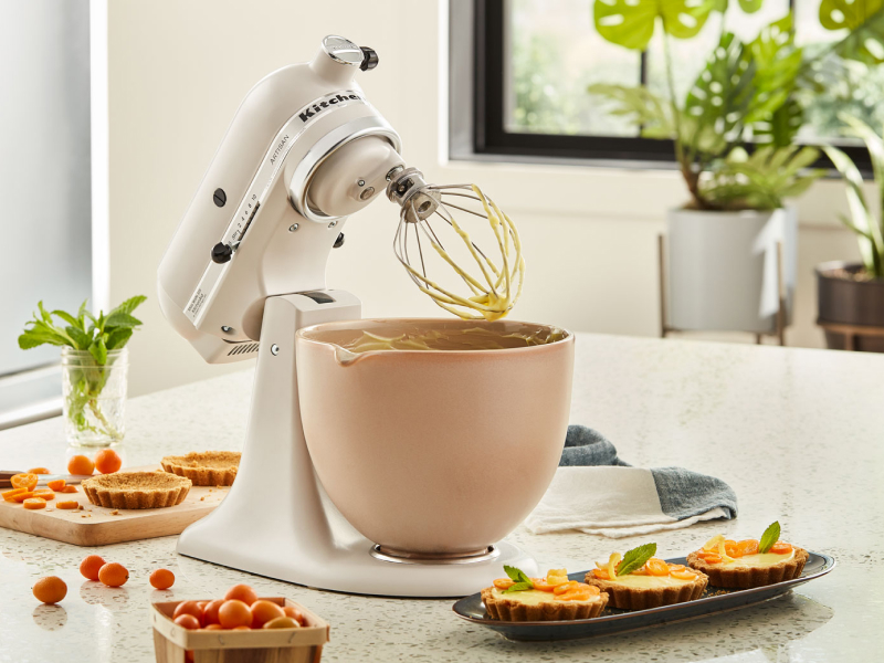 KitchenAid® stand mixer next to mini-quiches on countertop  KitchenAid® stand mixer next to mini-quiches on countertop
