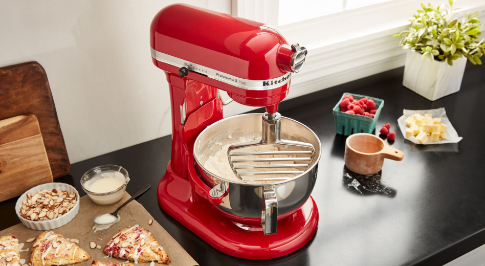 KitchenAid® pastry beater in bowl of  KitchenAid® stand mixer next to homemade scones KitchenAid® pastry beater in bowl of  KitchenAid® stand mixer next to homemade scones