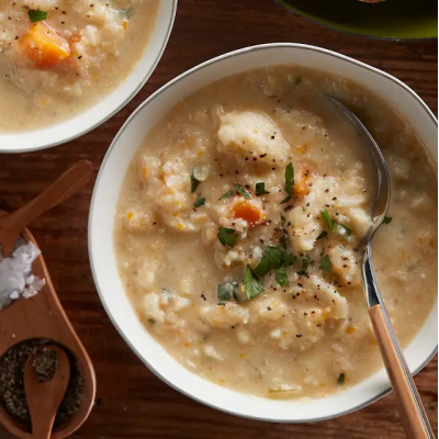Top view of creamy cauliflower soup from Yummly recipe 
