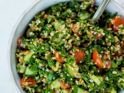 A plated bowl of fresh tabouli