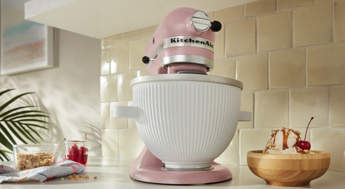 Pink KitchenAid® stand mixer next to ice cream sundae