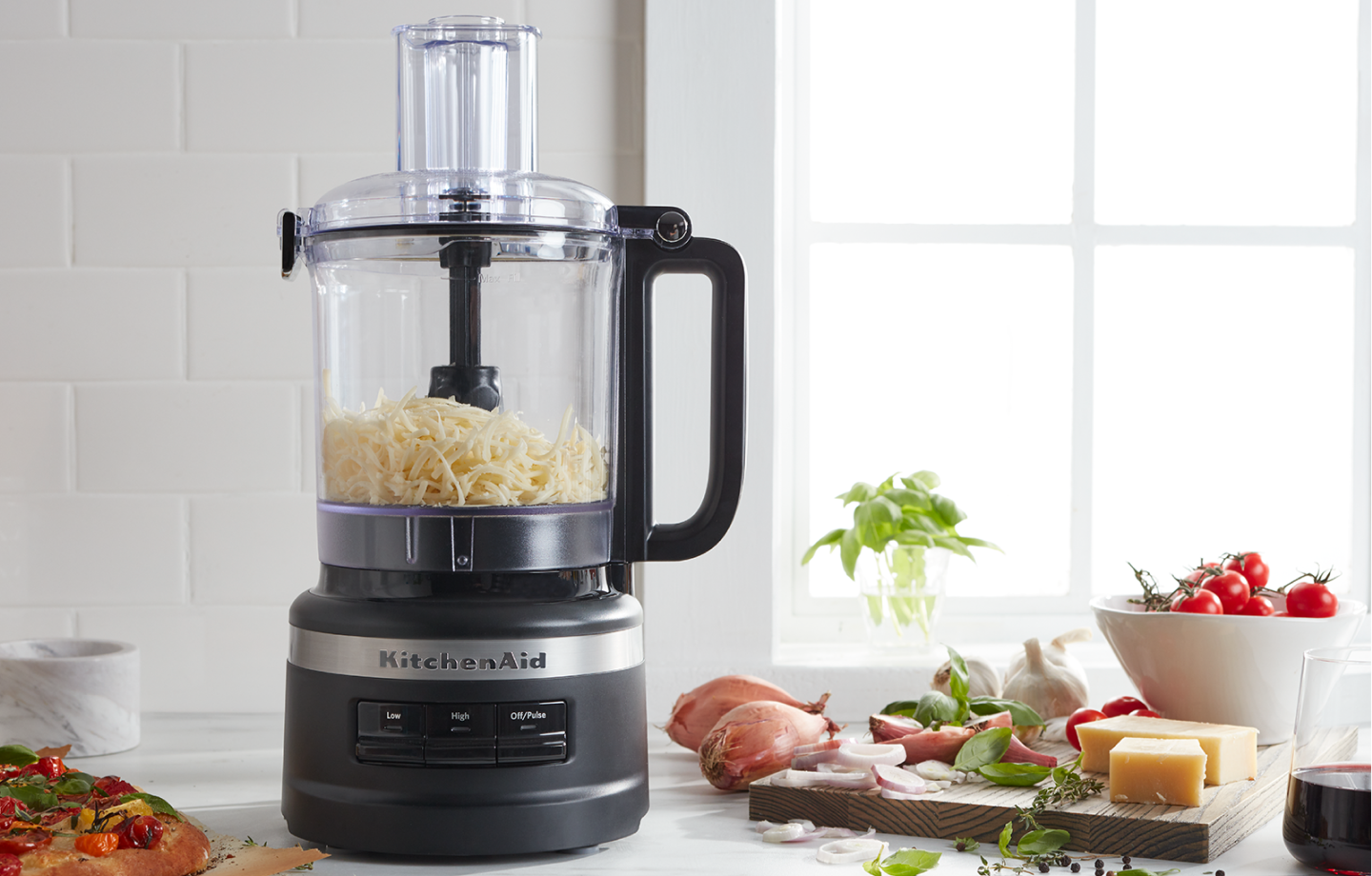 A black KitchenAid® food processor. A black KitchenAid® food processor.