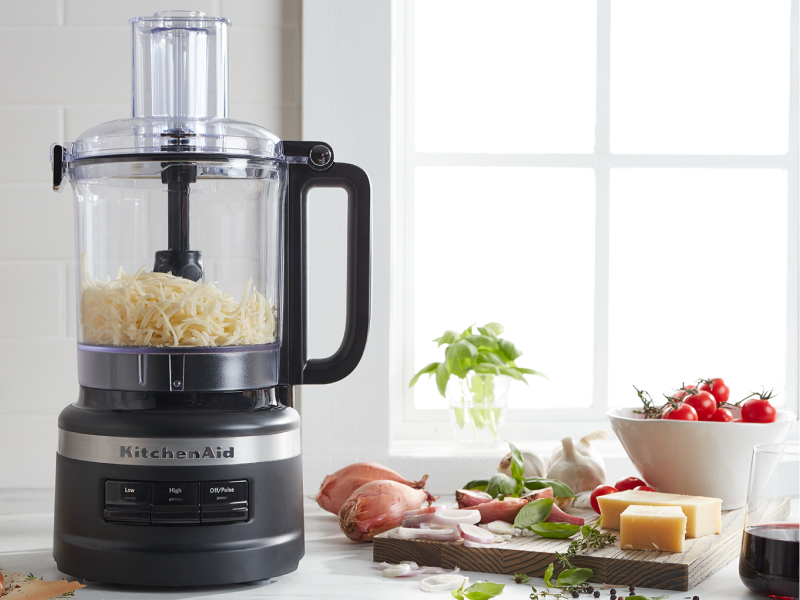 A black KitchenAid® food processor. A black KitchenAid® food processor.