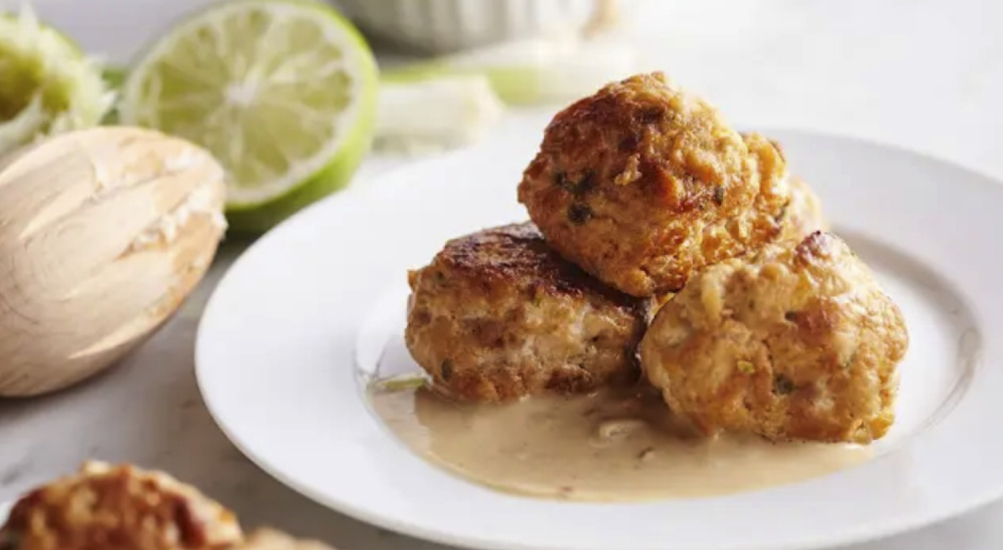 Plated Thai chicken meatballs Plated Thai chicken meatballs