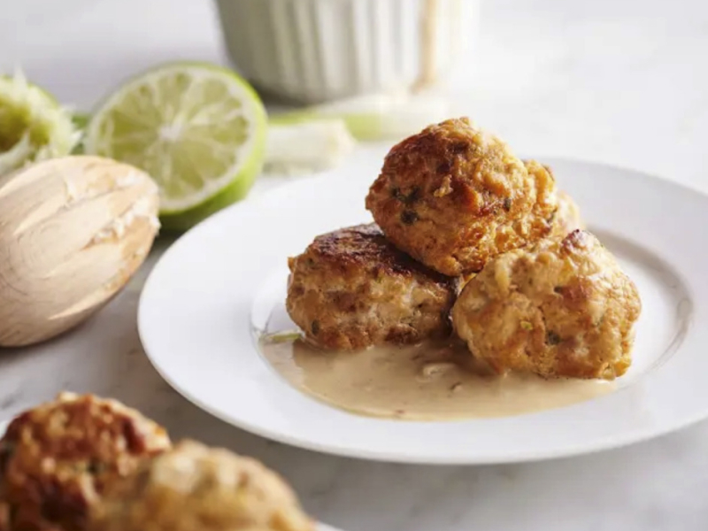 Plated Thai chicken meatballs Plated Thai chicken meatballs