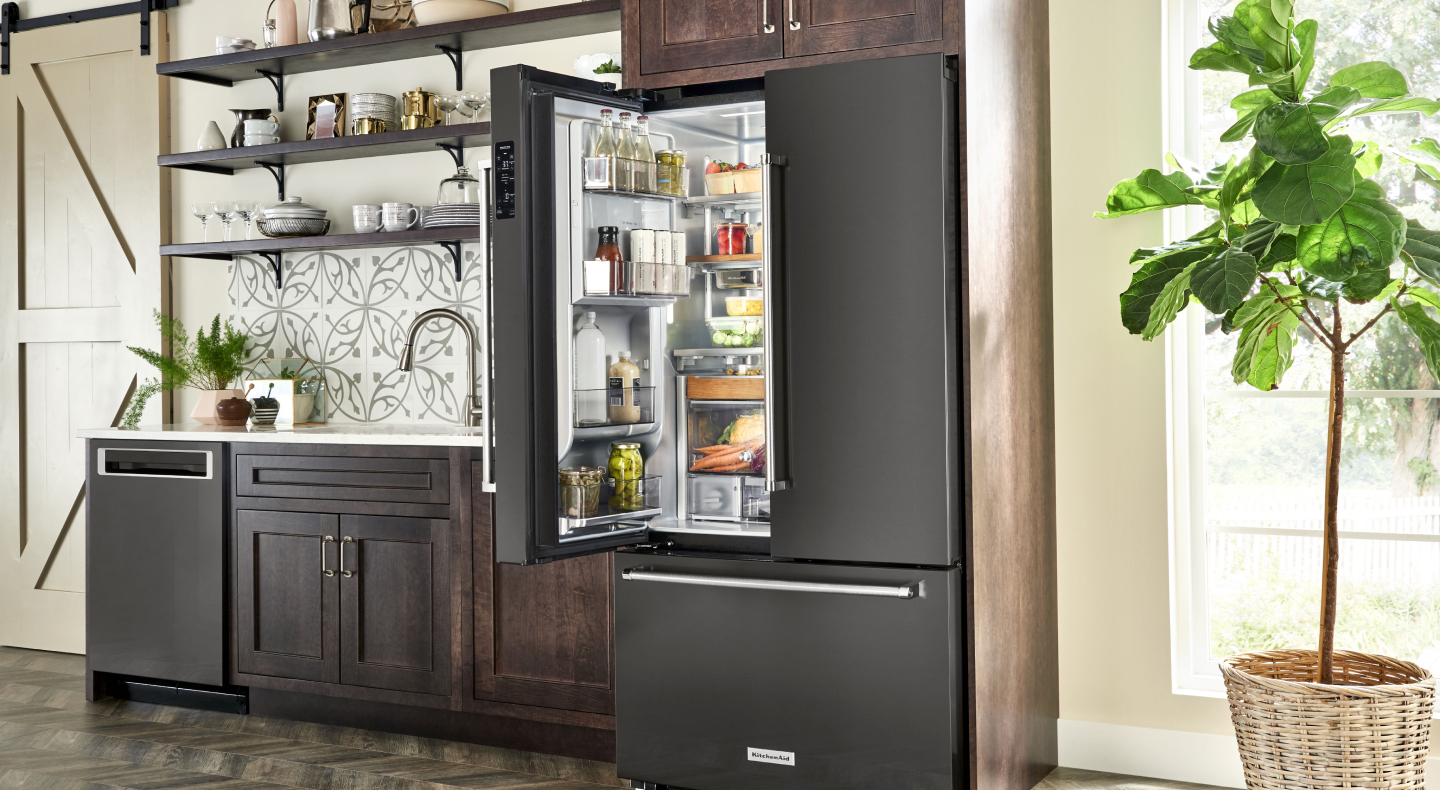 One side of french door refrigerator open One side of french door refrigerator open