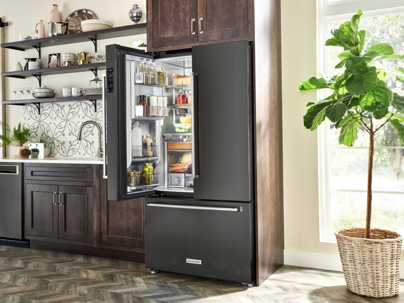 One side of french door refrigerator open One side of french door refrigerator open