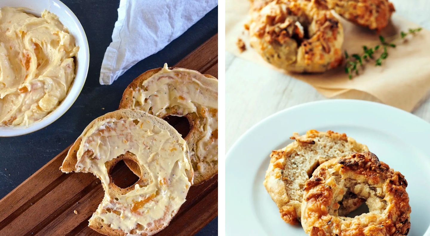 Apricot cheese spread on a bagel and parmesan herb bagels Apricot cheese spread on a bagel and parmesan herb bagels