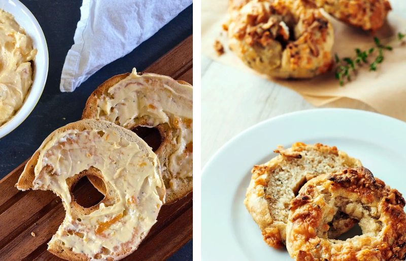 Apricot cheese spread on a bagel and parmesan herb bagels Apricot cheese spread on a bagel and parmesan herb bagels
