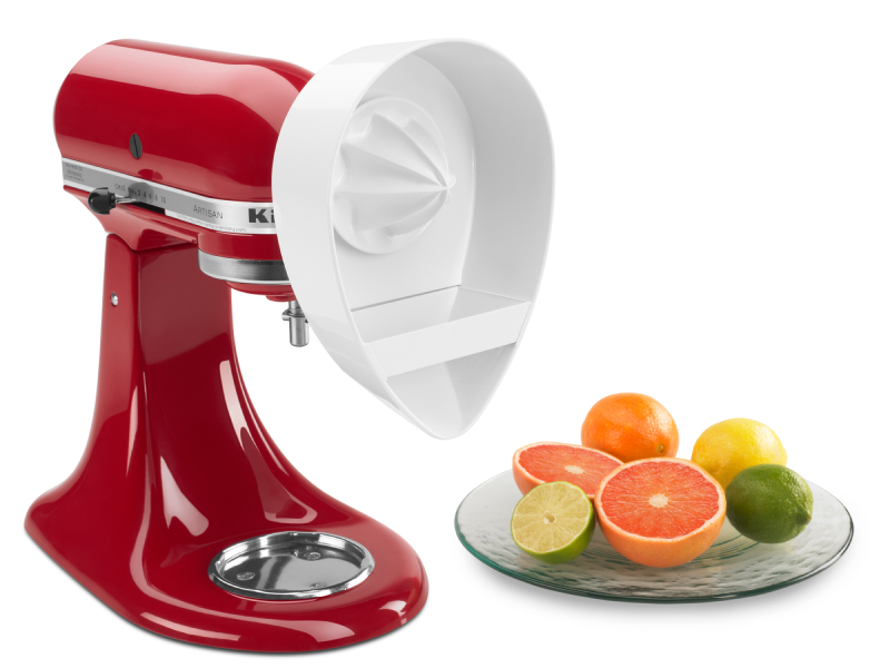 Sliced fruits next to a red KitchenAid® stand mixer with Citrus Juicer Attachment Sliced fruits next to a red KitchenAid® stand mixer with Citrus Juicer Attachment