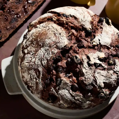 A loaf of chocolate cherry rye bread