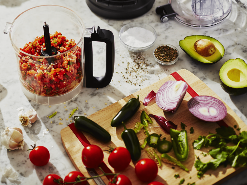 Diced vegetables in a food processor