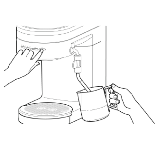 Hand pressing steam mode button while frothing and steaming milk in pitcher