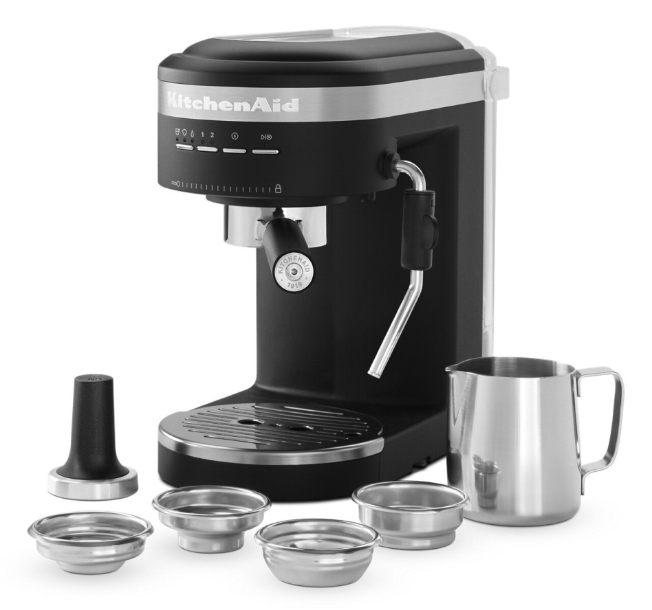 Black espresso machine surrounded by parts