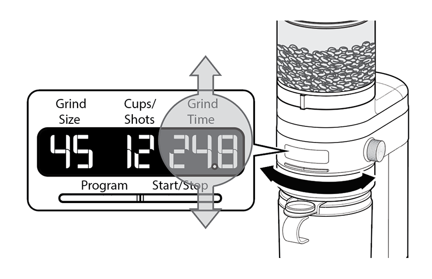 Illustration of beans in grinder and closeup of settings