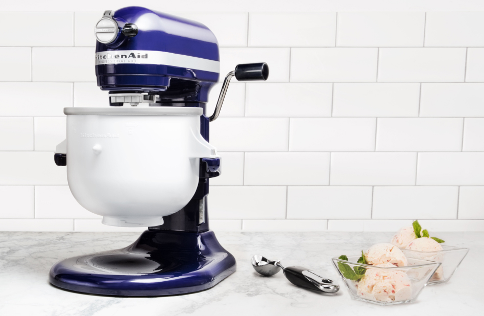 WHAT IS AN ICE CREAM MAKER ATTACHMENT? Blue bowl lift stand mixer with Ice Cream Maker attachment on counter