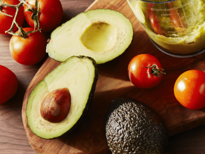 A cut avocado on the counter