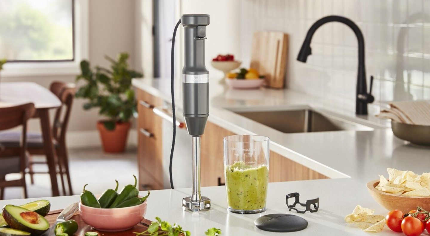 Gray KitchenAid® immersion blender on counter