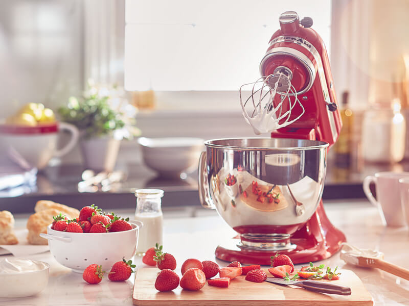 KitchenAid® stand mixer making whipped cream and strawberry shortcake KitchenAid® stand mixer making whipped cream and strawberry shortcake
