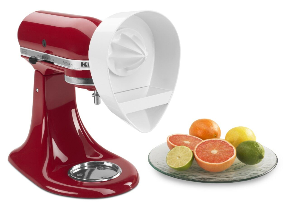 Red KitchenAid® stand mixer with citrus juicer attachment Empire red KitchenAid® stand mixer with citrus juicer attachment