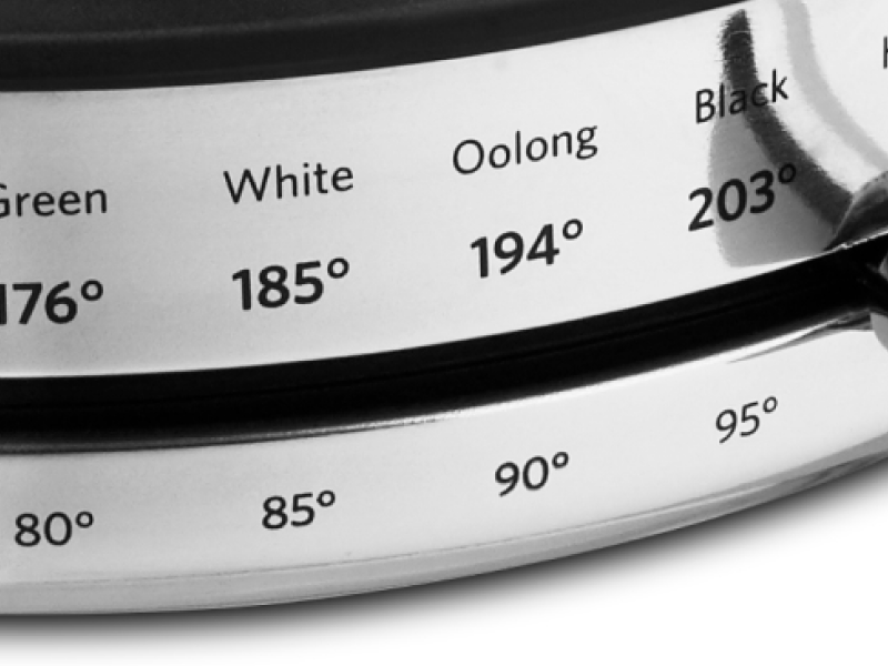 Base of electric tea kettle displaying temperature settings for different types of tea.