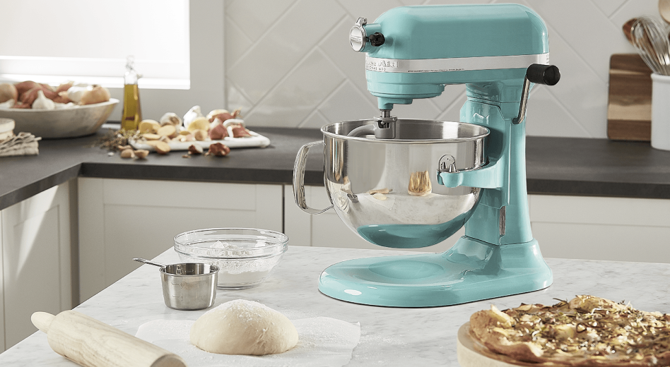 KitchenAid® stand mixer with dough and rolling pin on countertop KitchenAid® stand mixer with dough and rolling pin on countertop