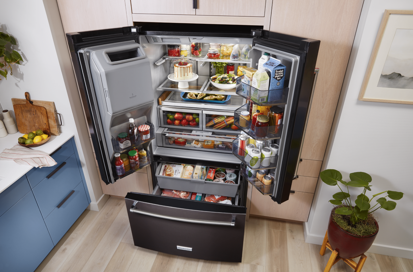 A fully-stocked French Door refrigerator from KitchenAid brand. A fully-stocked French Door refrigerator from KitchenAid brand.