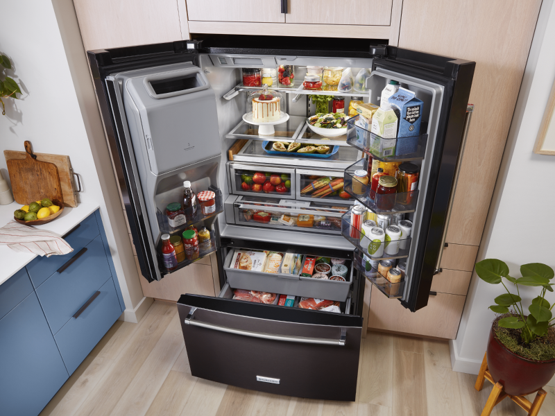 A fully-stocked French Door refrigerator from KitchenAid brand. A fully-stocked French Door refrigerator from KitchenAid brand.