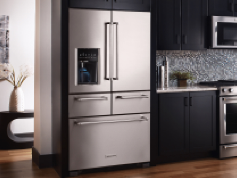 A multi-door KitchenAid® refrigerator in a modern kitchen. A multi-door KitchenAid® refrigerator in a modern kitchen.