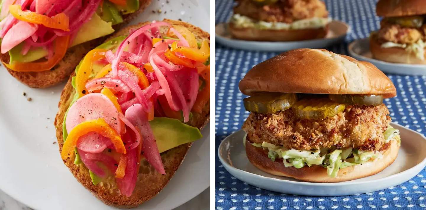 Pickled onion on avocado toast and pickle chips on a fried chicken sandwich Pickled onion on avocado toast and pickle chips on a fried chicken sandwich